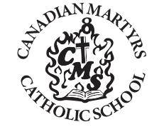 logo for Canadian Martyrs CES a flame over a book with the letters CMS and a cross