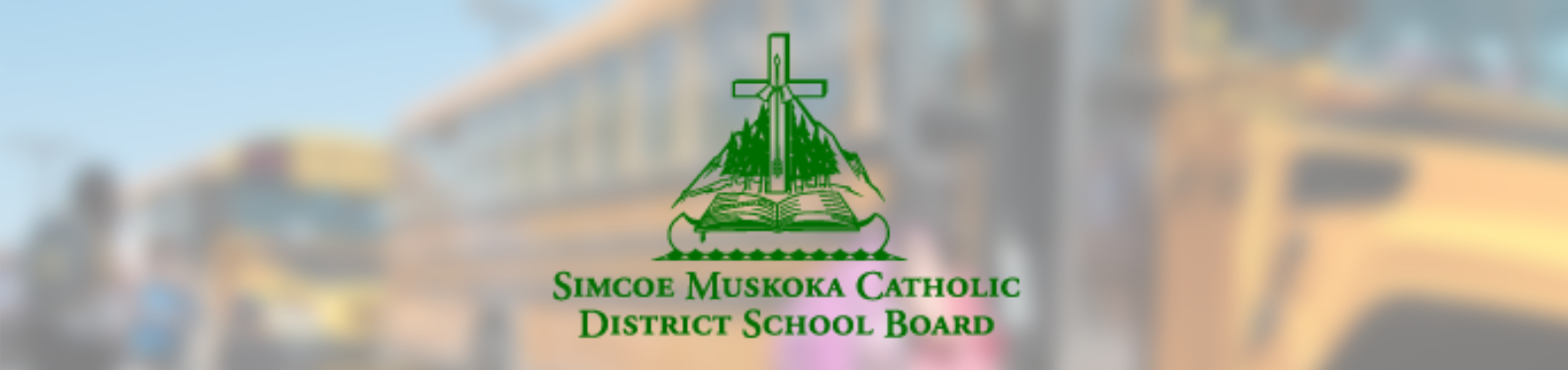 Simcoe Muskoka Catholic District School Board logo with bus background