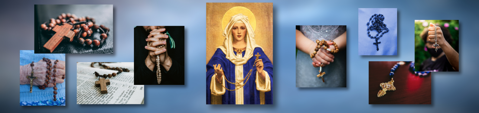 Mary with Rosary surrounded by 8 other Rosaries