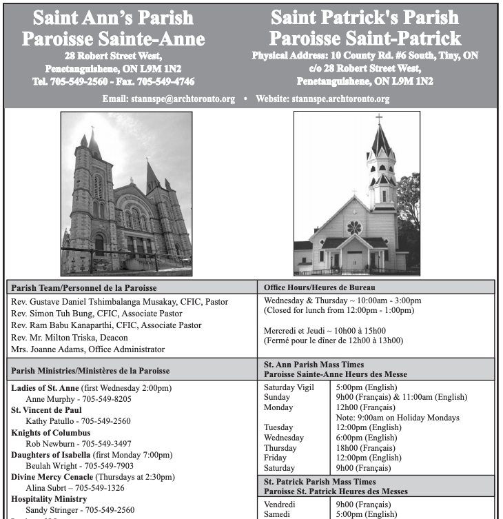 A screen shot of the front page of the St. Ann/ St. Patrick's Parish Bulletin