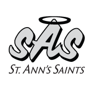 a logo for St. Ann's CES that says SAS and St. Ann's Saints under. The A in SAS has a halo on