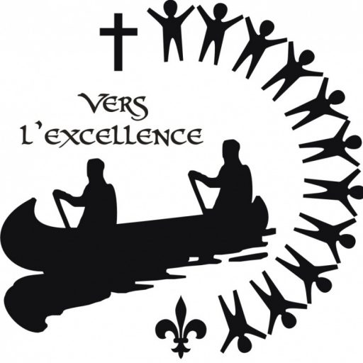 a logo of two men rowing in a canoe, a cross and people gathered around and the words "vers l'excellence"